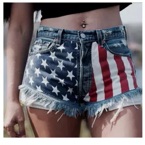 American Flag Stars Printed Tassel Denim Shorts