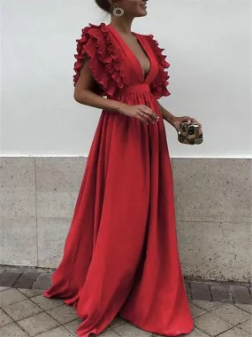 Deep V-neck Red Prom Dresses, A-line Prom Dresses, Cheap Prom Dresses, Prom Dresses, BG0410