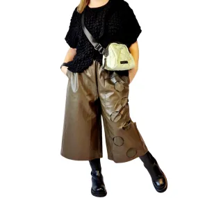 Eco Leather Khaki Trousers with Circle Pattern