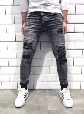 Gray Patch Ripped Slim Fit Jeans B13 Streetwear Jeans