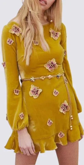 'Papillon' Butterfly-Appliques Mini Dress, Mustard Yellow