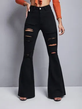 Ripped Frayed Flare Leg Jeans